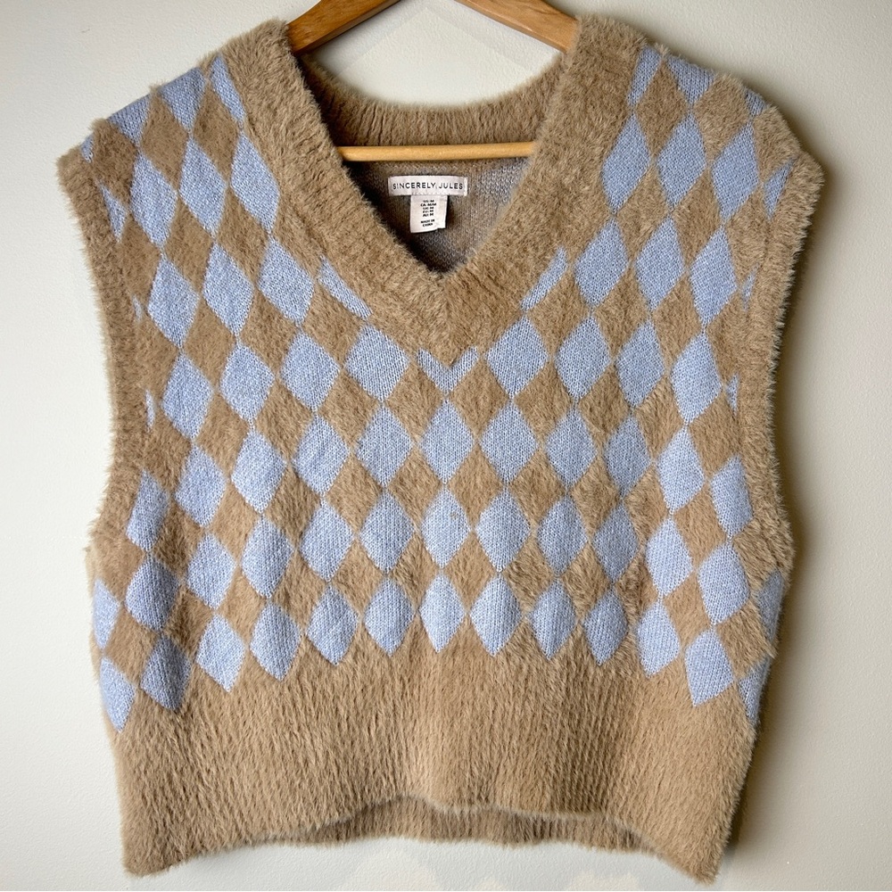 Sincerely Jules Tan and Blue V-Neck Argyle Sweater Vest